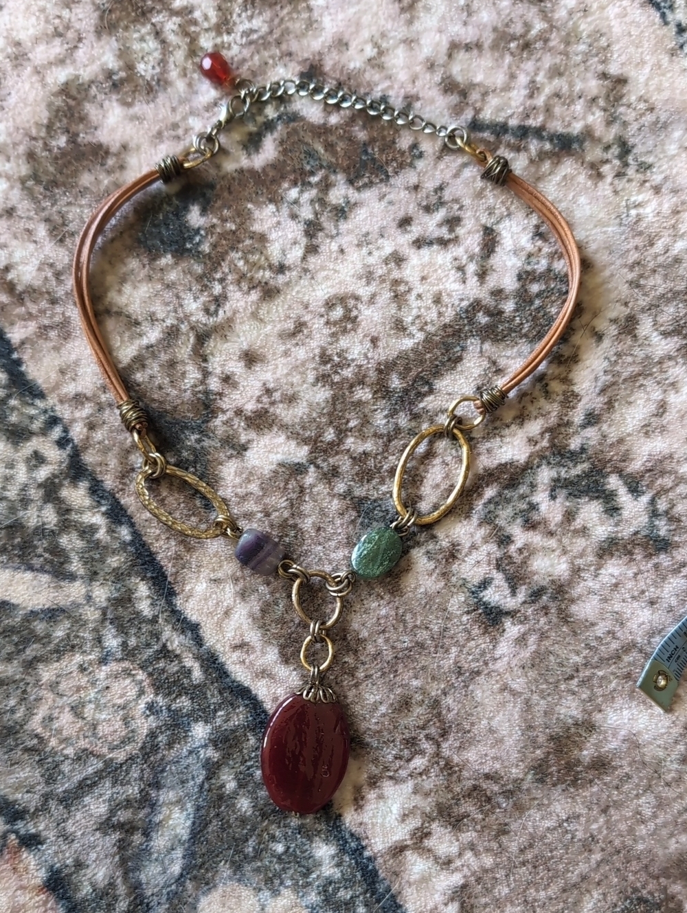 Vintage-Inspired Brown Cord Necklace with Red Pendant and Accent Beads - Picture 3 of 9